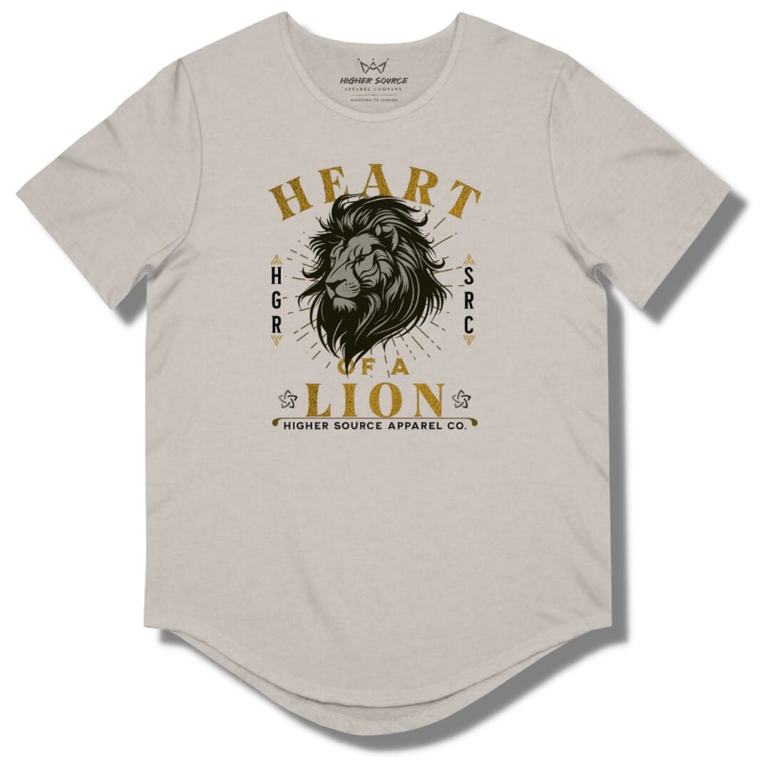 Front side of a heather cool grey higher source apparel curved hem t shirt with “heart of a lion” in lemon curry and black font. There is an image of a black and grey lion’s head in the center. Higher source apparel company is printed in black font at the bottom.