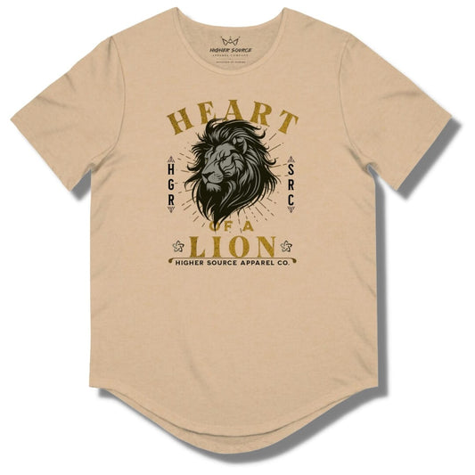 Front side of a heather sand dune higher source apparel curved hem t shirt with “heart of a lion” in lemon curry and black font. There is an image of a black and grey lion’s head in the center. Higher source apparel company is printed in black font at the bottom.