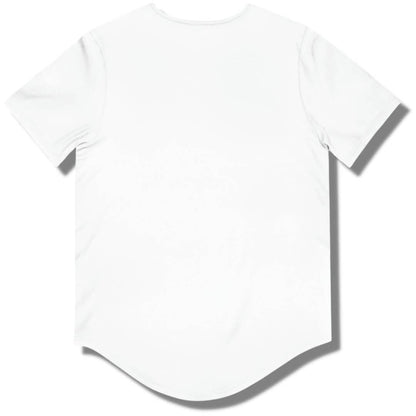 Blank back side of a white curved hem t shirt.