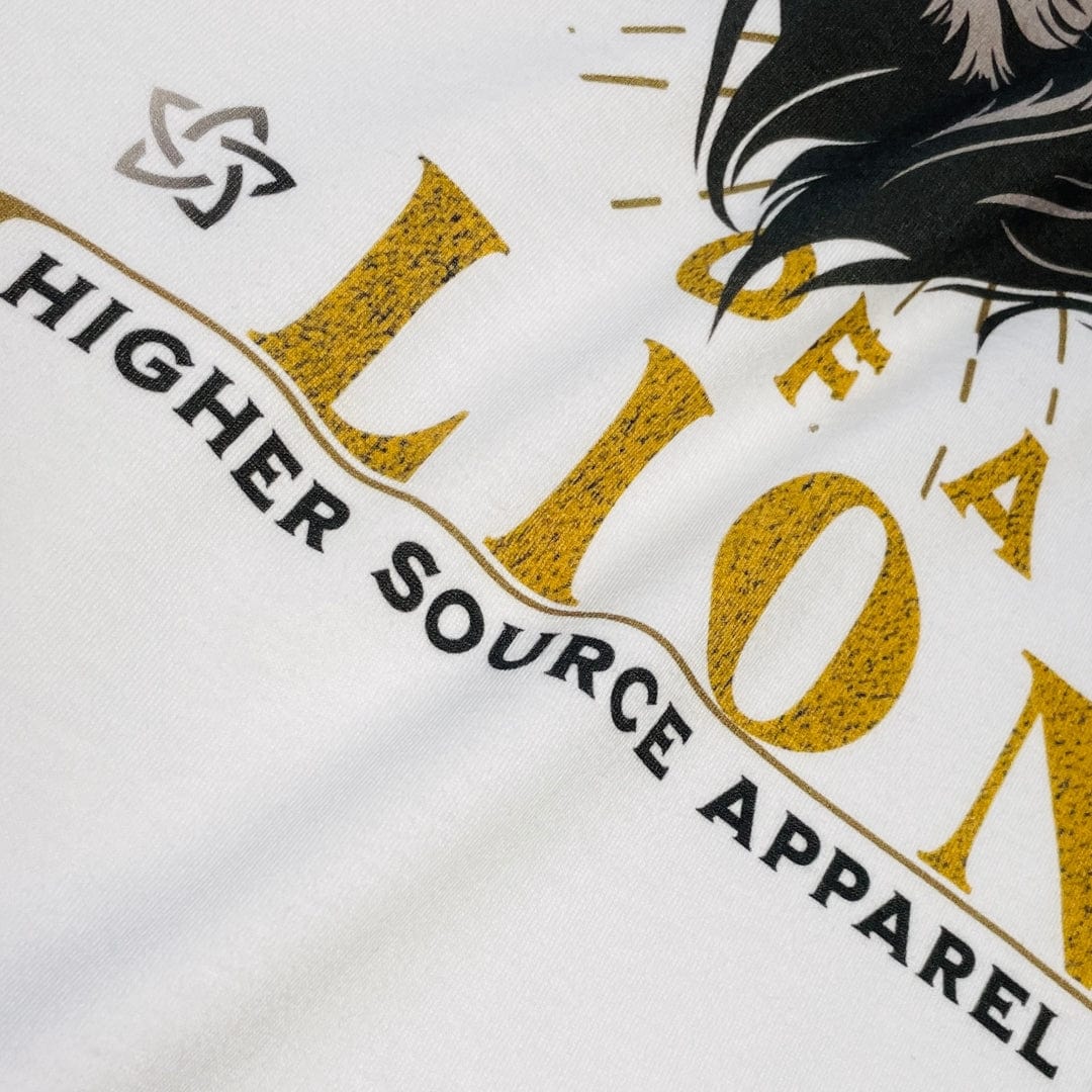 A close up of a white higher source apparel t shirt