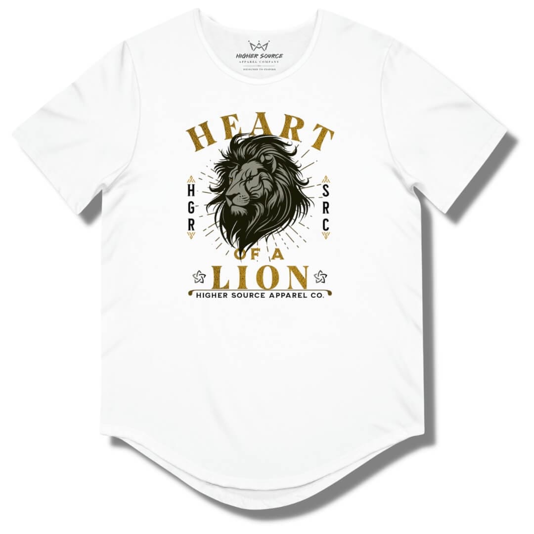 Front side of a white higher source apparel curved hem t shirt with “heart of a lion” in lemon curry and black font. There is an image of a black and grey lion’s head in the center. Higher source apparel company is printed in black font at the bottom.