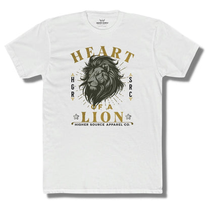 Front side of a white higher source apparel t shirt with “heart of a lion” in lemon curry and black font. There is an image of a black and grey lion’s head in the center. Higher source apparel company is printed in black font at the bottom.