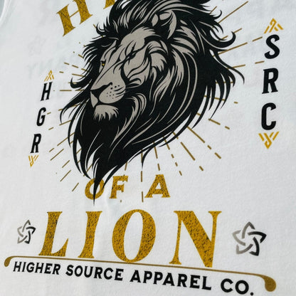 A close up of a higher source apparel t shirt with a large lion head in the center. 