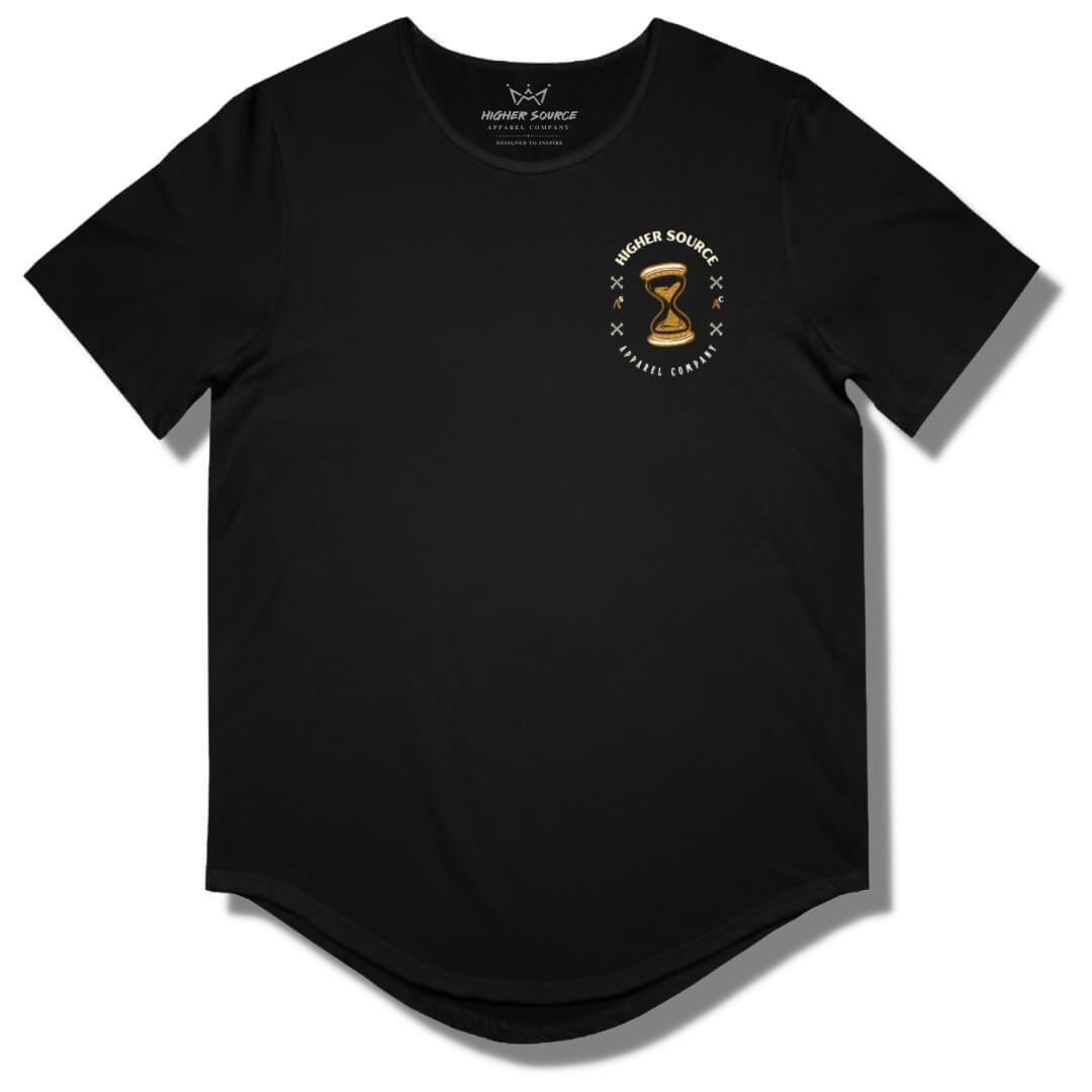 Front side of a black curved hem t shirt with higher source logo in white font and a gold hour glass in the upper left breast area.