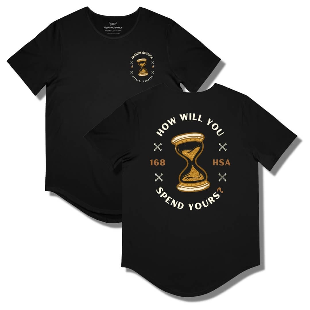 Front and back side of a black curved hem t shirt with "how will you spend yours" in an oval shape. The font is in off white and gold with an hour glass in the center.