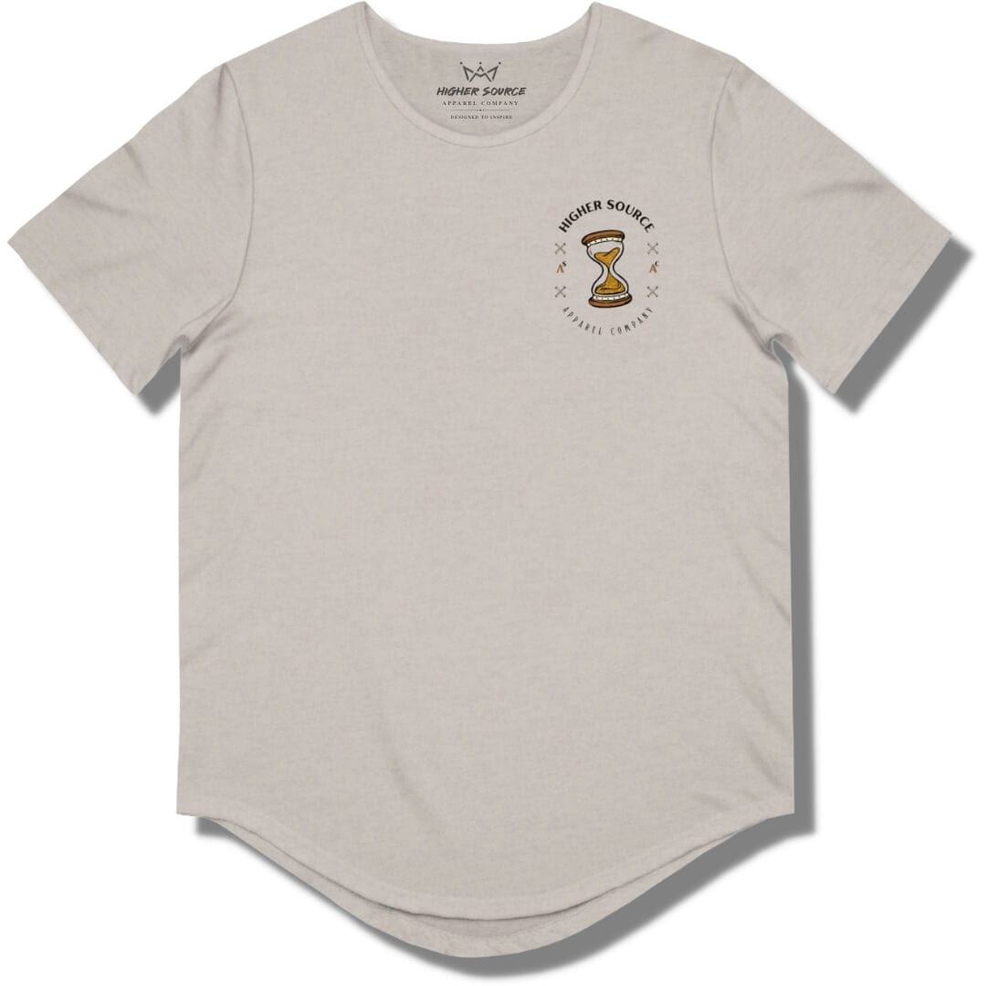 Front side of a heather cool grey curved hem t shirt with higher source logo in black font and a dark gold hour glass in the upper left breast area.