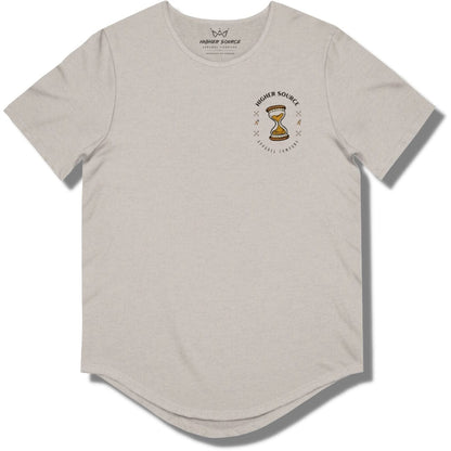 Front side of a heather cool grey curved hem t shirt with higher source logo in black font and a dark gold hour glass in the upper left breast area.