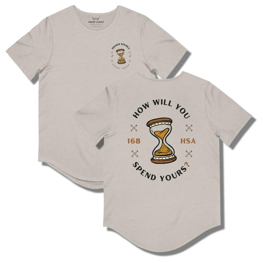 Front and back side of a heather cool grey curved hem t shirt with "how will you spend yours" in an oval shape. The font is in black and gold with an hour glass in the center.