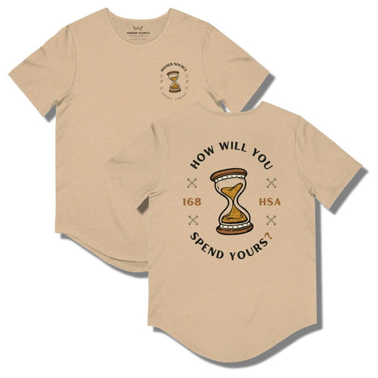 Front and back side of a heather sand dune curved hem t shirt with "how will you spend yours" in an oval shape. The font is in black and gold with an hour glass in the center.