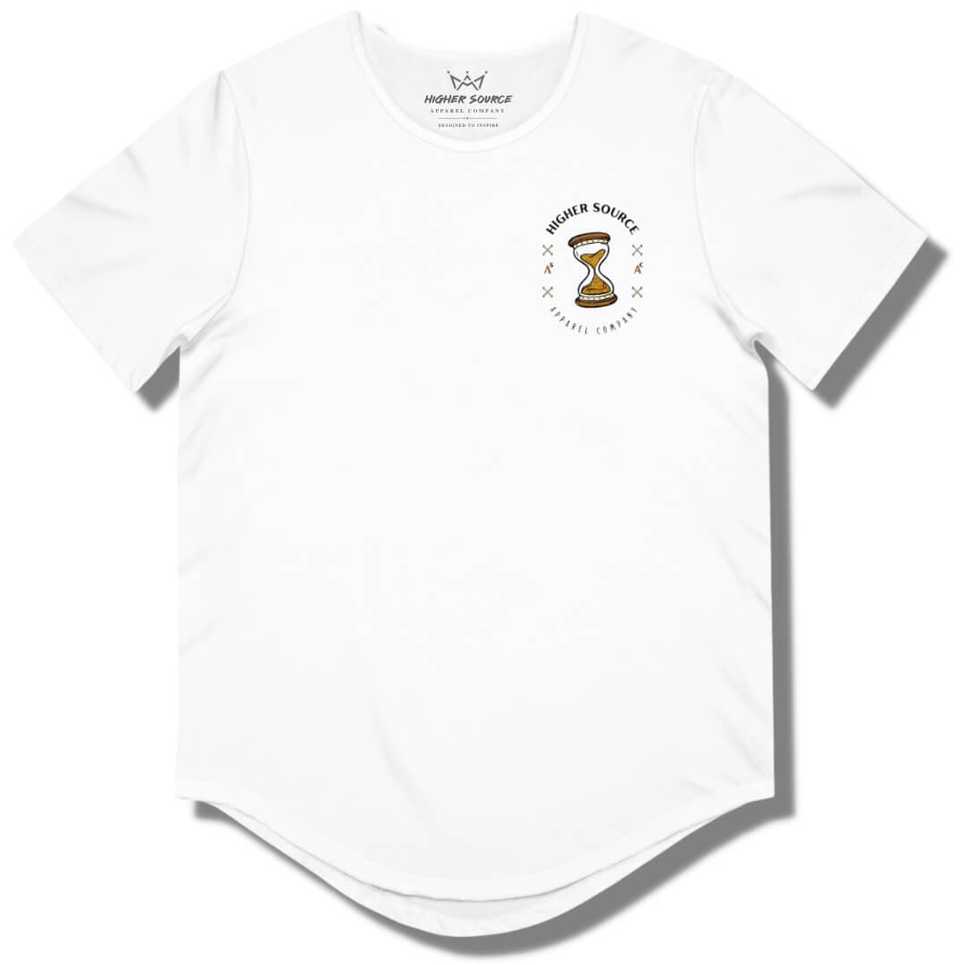 Front side of a white curved hem t shirt with higher source logo in black font and a dark gold hour glass in the upper left breast area.