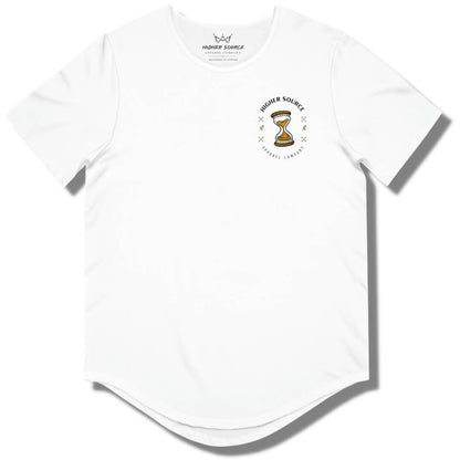Front side of a white curved hem t shirt with higher source logo in black font and a dark gold hour glass in the upper left breast area.