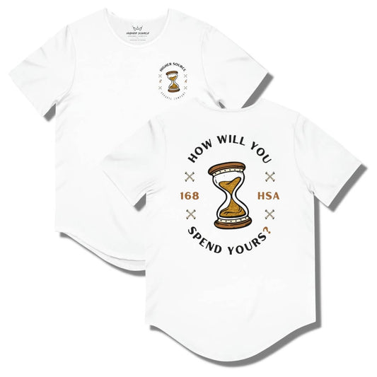 Front and back side of a white curved hem t shirt with "how will you spend yours" in an oval shape. The font is in black and gold with an hour glass in the center.