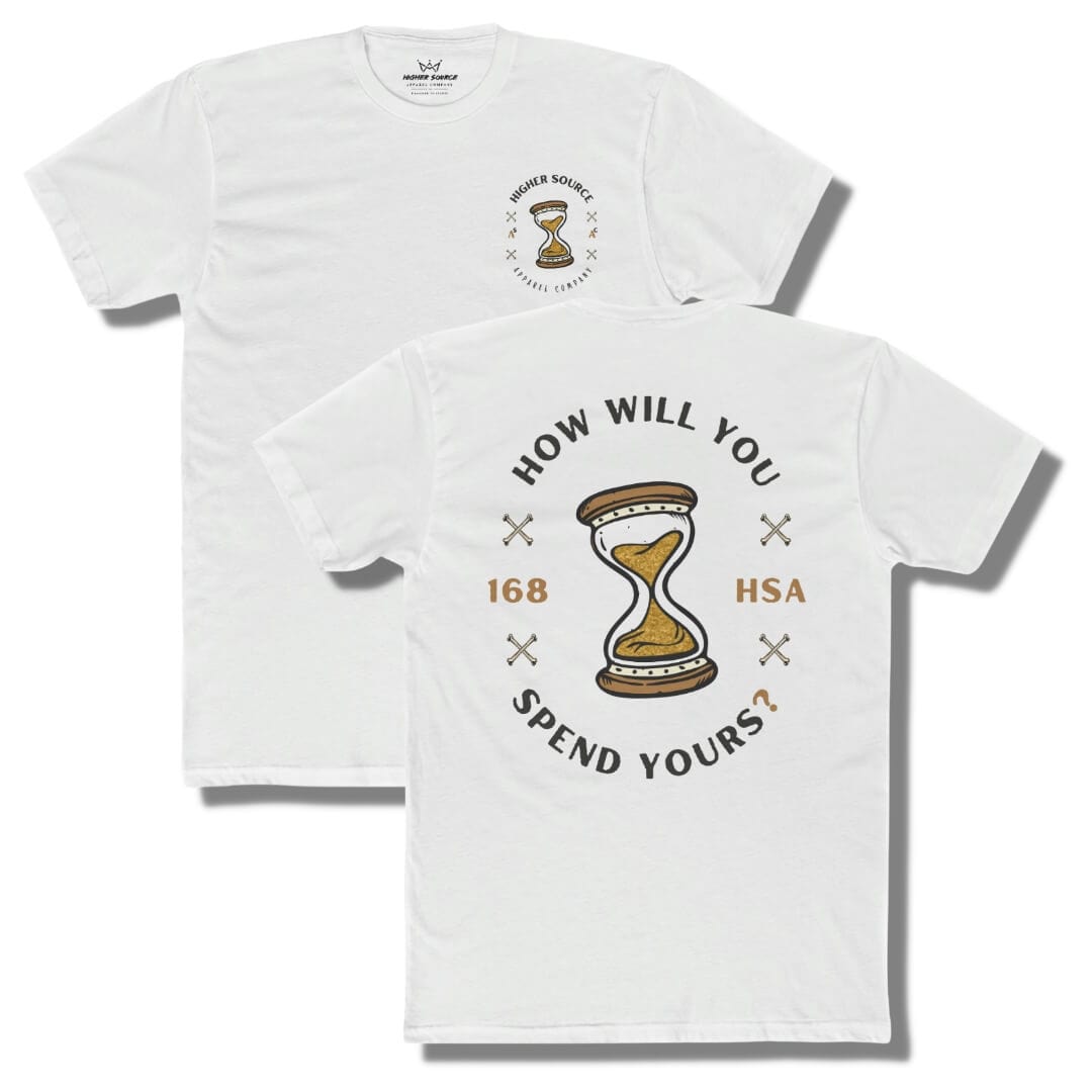 Front and back side of a white t shirt with "how will you spend yours" in an oval shape. The font is in black and gold with an hour glass in the center.