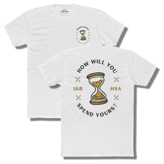 Front and back side of a white t shirt with "how will you spend yours" in an oval shape. The font is in black and gold with an hour glass in the center.