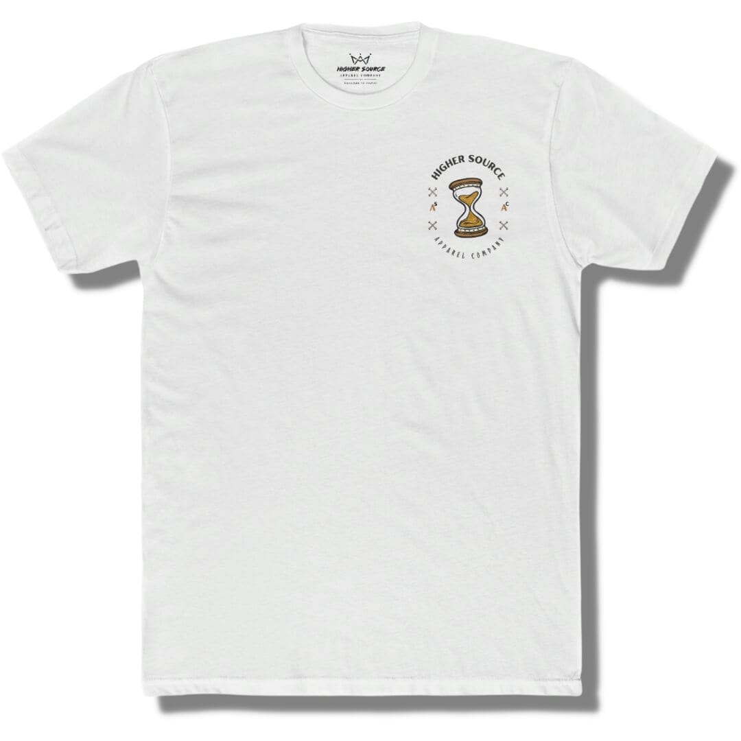 Front side of a white t shirt with higher source logo in black font and a dark gold hour glass in the upper left breast area.