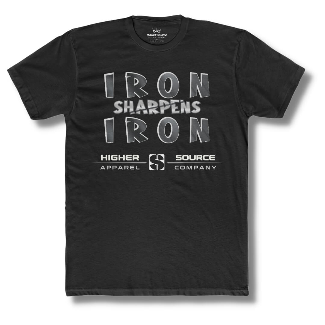 Front side of a black t shirt with “iron sharpens iron” in bold black and American silver font and higher source apparel company below in silver font.