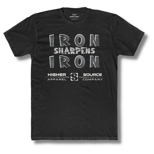 Front side of a black t shirt with “iron sharpens iron” in bold black and American silver font and higher source apparel company below in silver font.