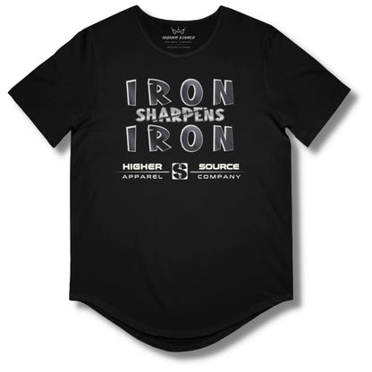 Front side of a black curved hem t shirt with “iron sharpens iron” in bold black and American silver font and higher source apparel company below in silver font.