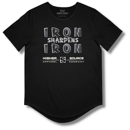 Front side of a black curved hem t shirt with “iron sharpens iron” in bold black and American silver font and higher source apparel company below in silver font.