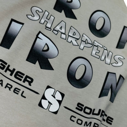 Iron sharpens iron in large black and american silver font. Higher source apparel company is written in black font below