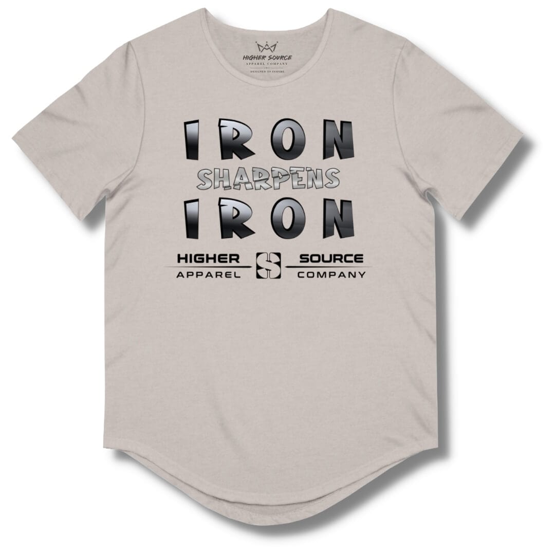 Front side of a heather cool grey curved hem t shirt with “iron sharpens iron” in bold black and American silver font and higher source apparel company below in black font.
