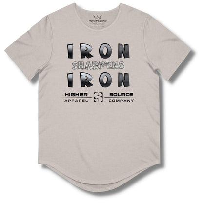 Front side of a heather cool grey curved hem t shirt with “iron sharpens iron” in bold black and American silver font and higher source apparel company below in black font.