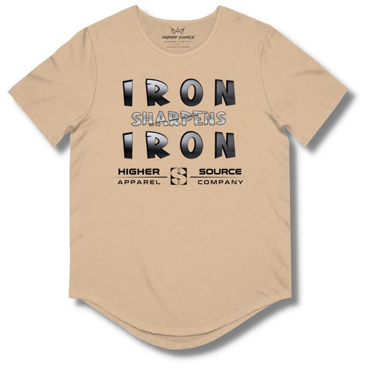 Front side of a heather sand dune curved hem t shirt with “iron sharpens iron” in bold black and American silver font and higher source apparel company below in black font.