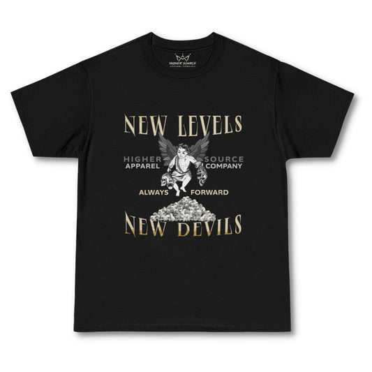 A black oversized men’s t shirt with new levels, new devils in large bone font. Higher source apparel company is printed in the center along with a cherub holding a pair of skulls & a mount of collected skulls below. 