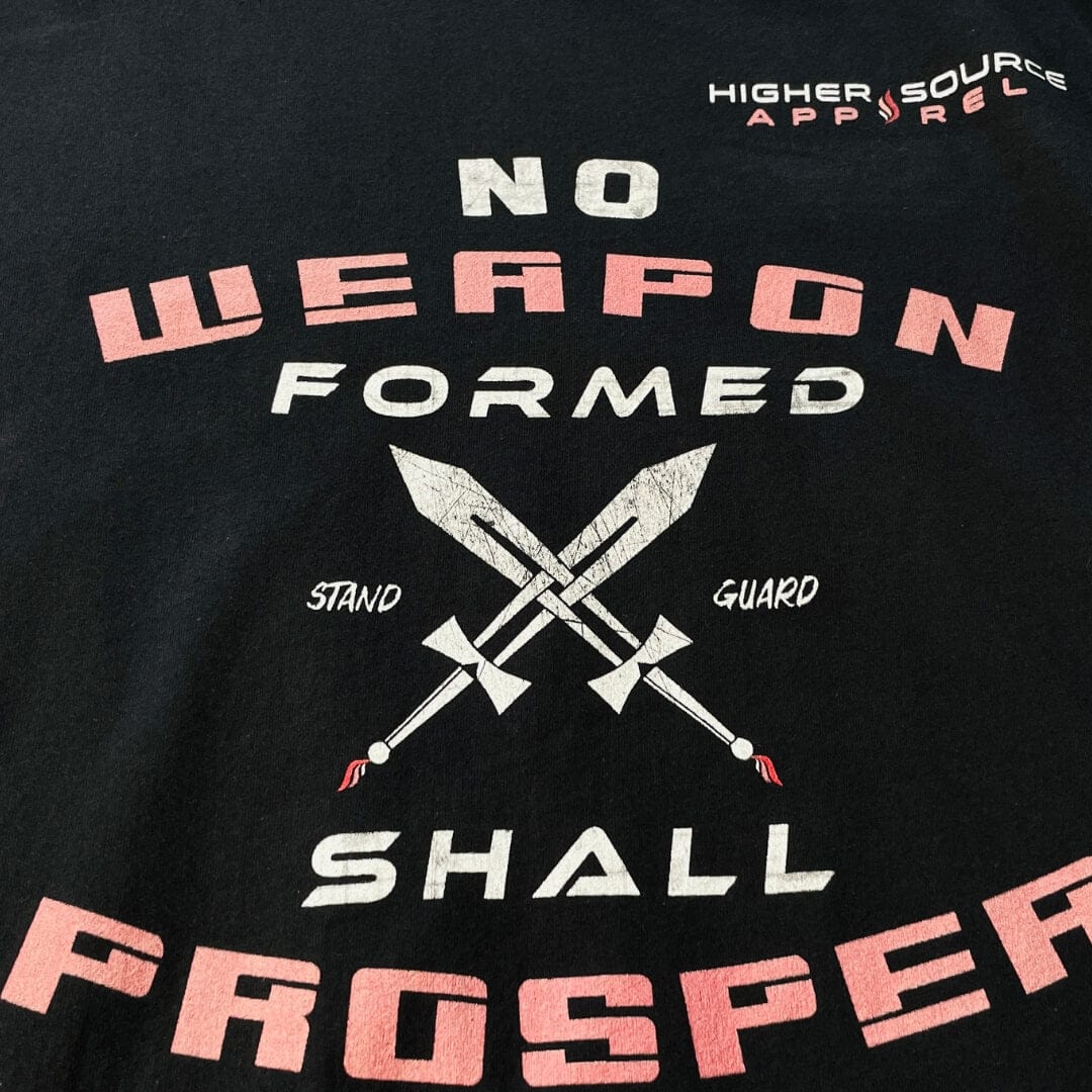 No weapon formed shall prosper in white and barn red font. There are two swords crossed in the center with stand guard in white font. 