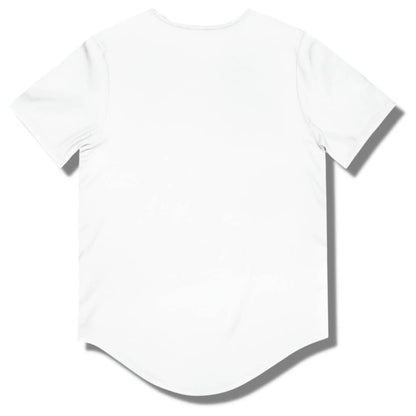 Blank back side of a white curved hem t shirt.
