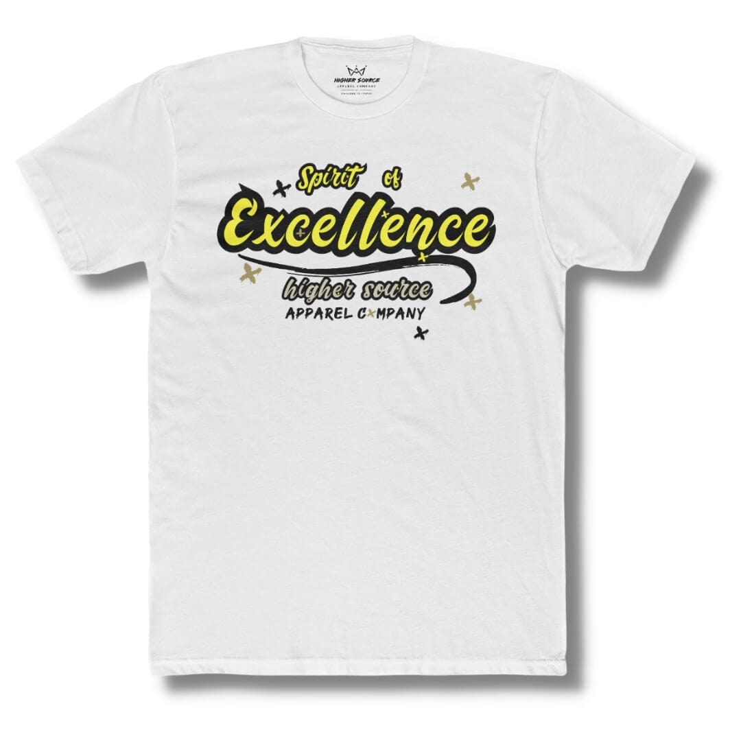 Front side of a white higher source apparel t shirt with “spirit of excellence” in yellow font with a black outline.