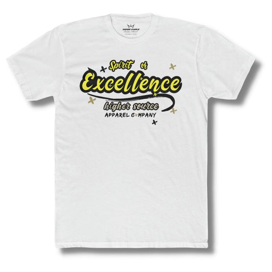 Front side of a white higher source apparel t shirt with “spirit of excellence” in yellow font with a black outline.