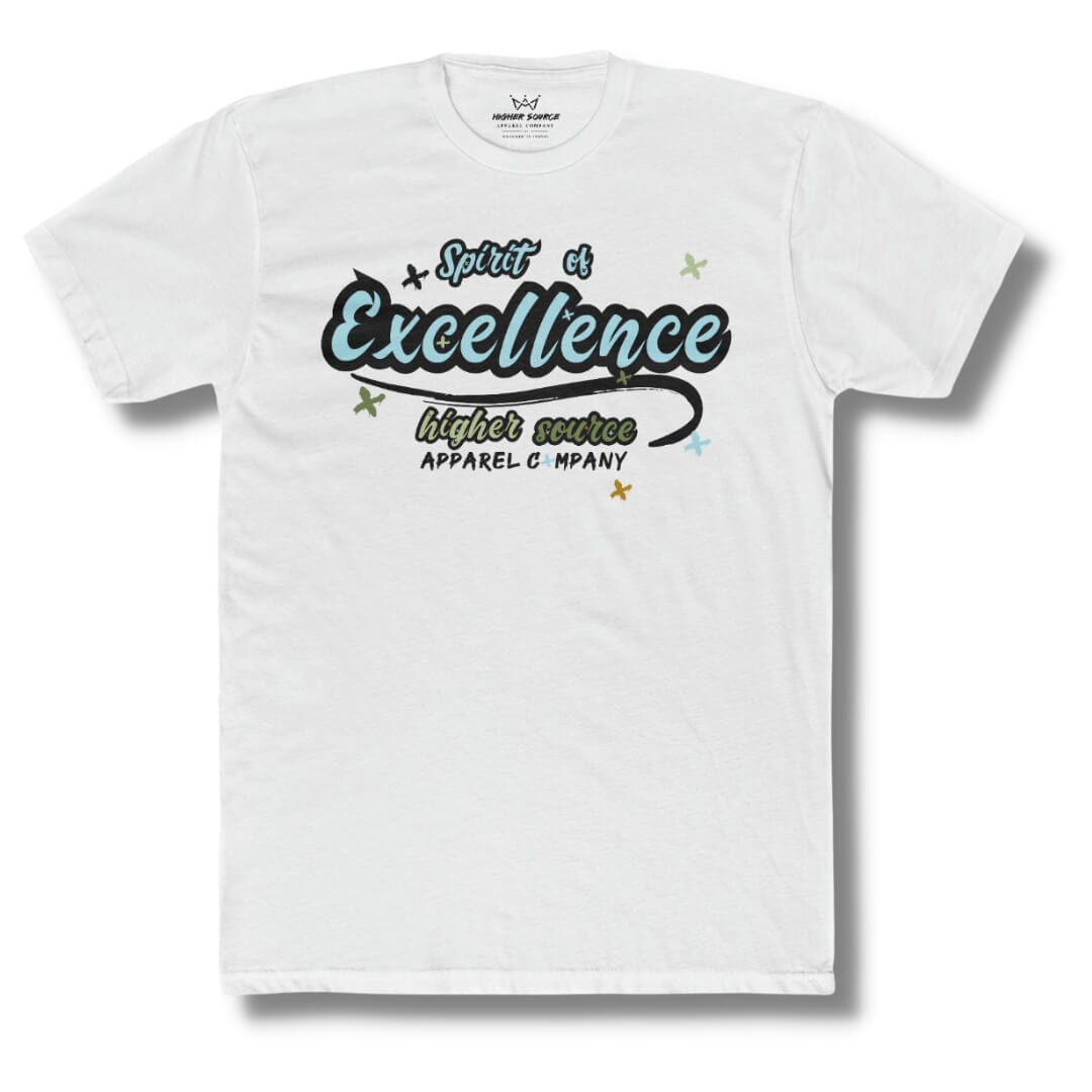 Front side of a white higher source apparel t shirt with “spirit of excellence” in non-photo blue font with a black outline. The higher source logo is below in sage, soldier green and black font. 