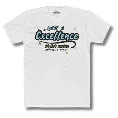 Front side of a white higher source apparel t shirt with “spirit of excellence” in non-photo blue font with a black outline. The higher source logo is below in sage, soldier green and black font. 