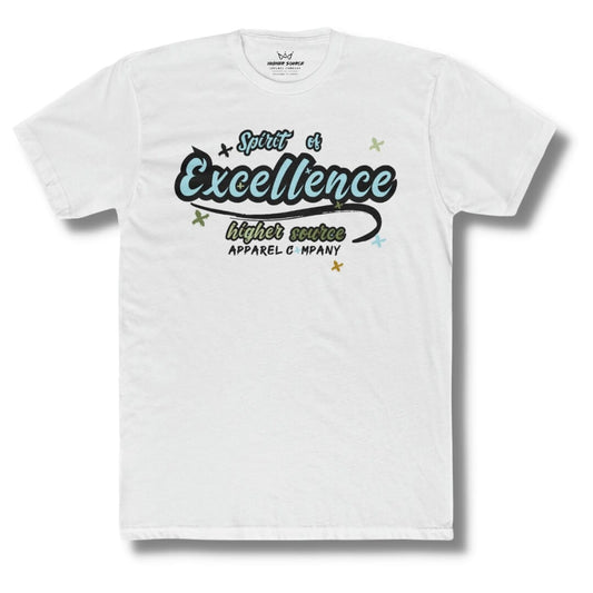 Front side of a white higher source apparel t shirt with “spirit of excellence” in non-photo blue font with a black outline. The higher source logo is below in sage, soldier green and black font. 