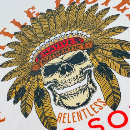 A white higher source apparel t shirt with an apache skull wearing a feather headdress.