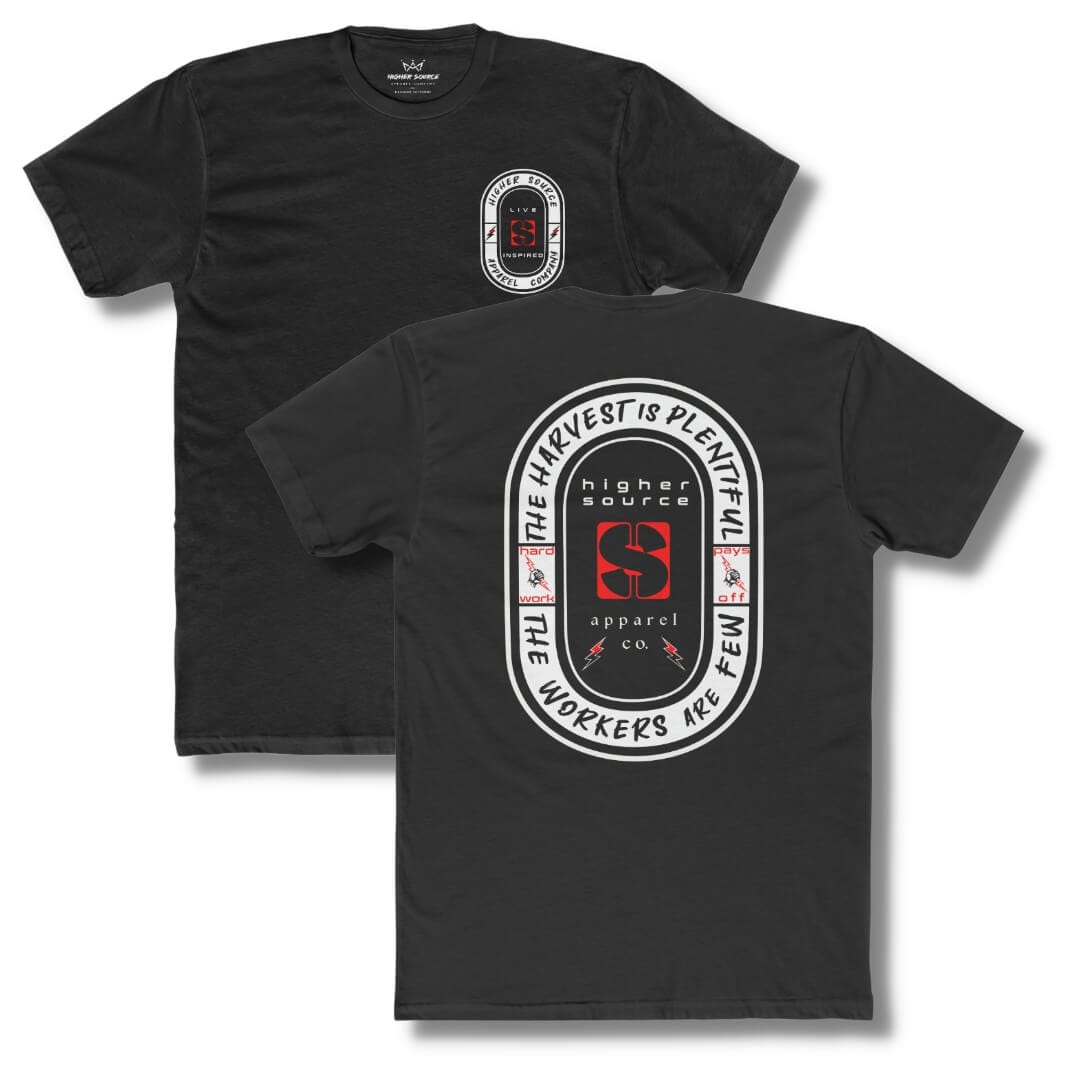 Front and back side of a black higher source apparel t shirt with an oval shaped logo in off-white. “The harvest is plentiful, the workers are few” is written in black font with a fist gripping a red lighting bolt on both sides of the logo. “Hard work pays off” is written in red font. “Higher source apparel company” is below the red logo in the center along with two small red and black lightning bolts.