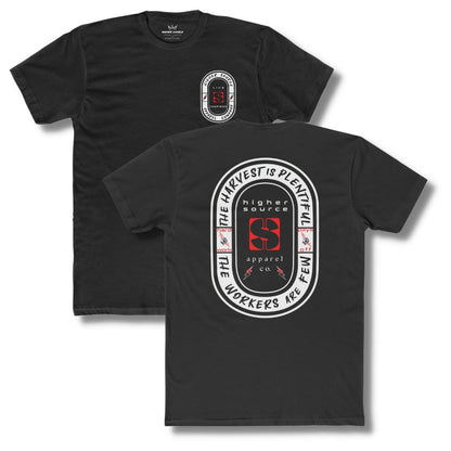 Front and back side of a black higher source apparel t shirt with an oval shaped logo in off-white. “The harvest is plentiful, the workers are few” is written in black font with a fist gripping a red lighting bolt on both sides of the logo. “Hard work pays off” is written in red font. “Higher source apparel company” is below the red logo in the center along with two small red and black lightning bolts.