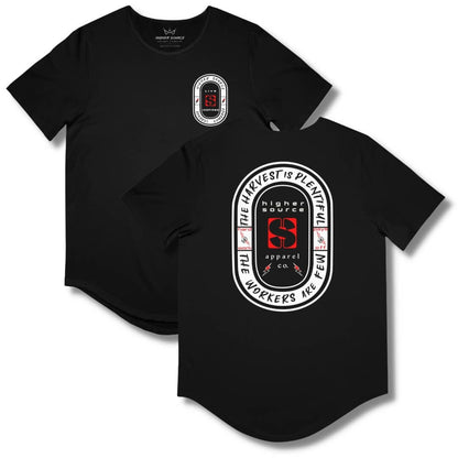 Front and back side of a black curved hem t shirt with an oval shaped logo in off-white. “The harvest is plentiful, the workers are few” is written in black font with a fist gripping a red lighting bolt on both sides of the logo. “Hard work pays off” is written in red font. “Higher source apparel company” is below the red logo in the center along with two small red and black lightning bolts.