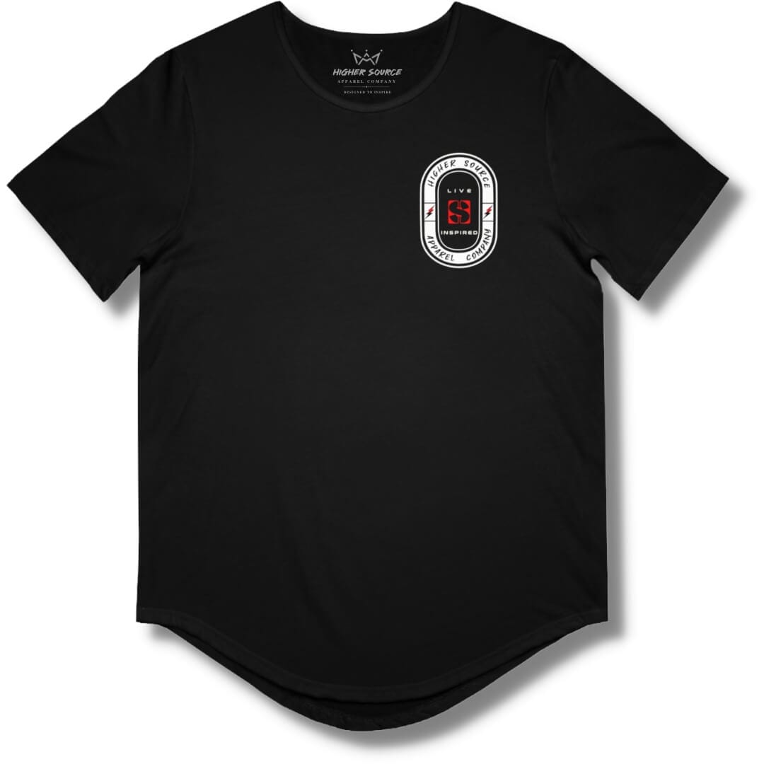 Front side of a black curved hem t shirt with an oval shaped higher source apparel company logo in white in the upper left breast area. The font is black with two red and black lighting bolts. “Live inspired” surrounds the red logo in the center.