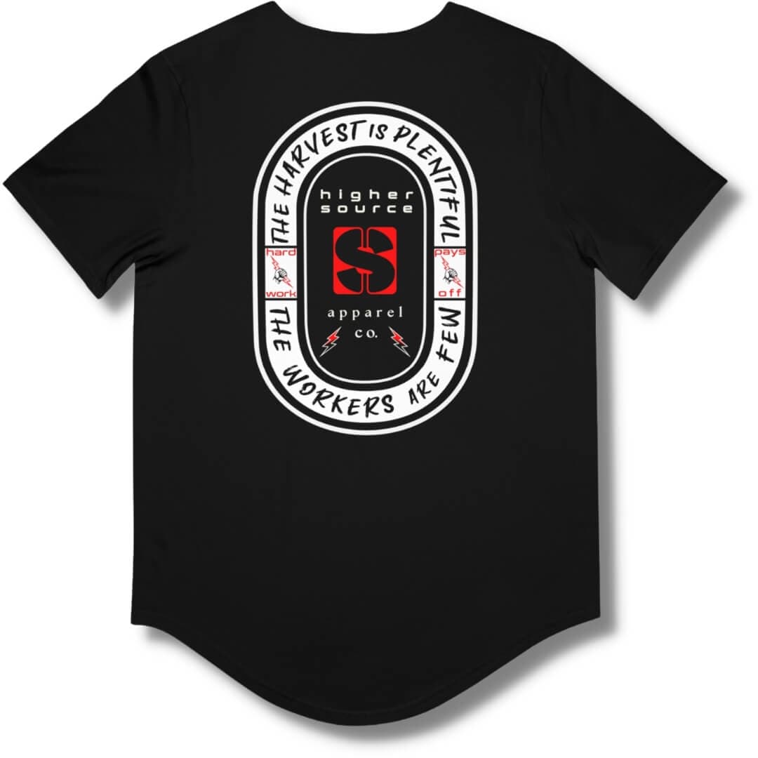Back side of a black curved hem t shirt with an oval shaped logo in off-white. “The harvest is plentiful, the workers are few” is written in black font with a fist gripping a red lighting bolt on both sides of the logo. “Hard work pays off” is written in red font. “Higher source apparel company” is below the red logo in the center along with two small red and black lightning bolts.