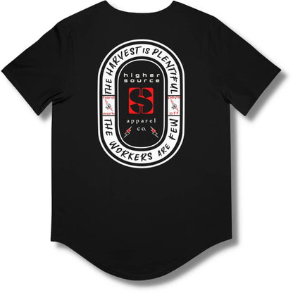 Back side of a black curved hem t shirt with an oval shaped logo in off-white. “The harvest is plentiful, the workers are few” is written in black font with a fist gripping a red lighting bolt on both sides of the logo. “Hard work pays off” is written in red font. “Higher source apparel company” is below the red logo in the center along with two small red and black lightning bolts.