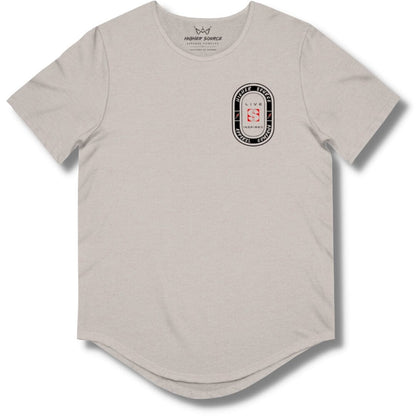 Front side of a heather cool grey curved hem t shirt with an oval shaped higher source apparel company logo in black in the upper left breast area. The font is grey with two red and black lighting bolts. “Live inspired” surrounds the red logo in the center.