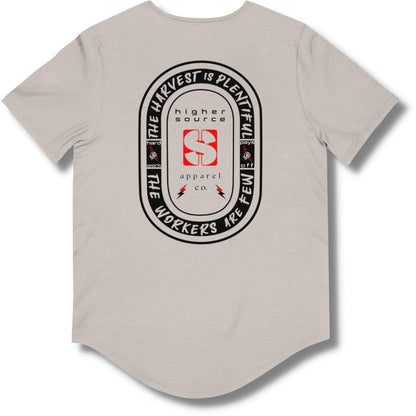 Back side of a heather cool grey curved hem t shirt with an oval shaped logo in black. “The harvest is plentiful, the workers are few” is written in off-white font with a fist gripping a red lighting bolt on both sides of the logo. “Hard work pays off” is written in grey font. “Higher source apparel company” is below the red logo in the center along with two small red and black lightning bolts.