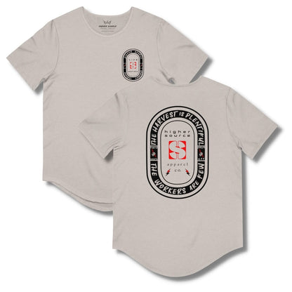 Front and back side of a heather cool grey higher source apparel curved hem t shirt with an oval shaped logo in black. “The harvest is plentiful, the workers are few” is written in grey font with a fist gripping a red lighting bolt on both sides of the logo. “Hard work pays off” is written in grey font. “Higher source apparel company” is below the red logo in the center along with two small red and black lightning bolts.