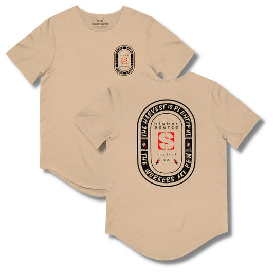 Front and back side of a heather sand dune higher source apparel curved hem t shirt with an oval shaped logo in black. “The harvest is plentiful, the workers are few” is written in sand dune font with a fist gripping a red lighting bolt on both sides of the logo. “Hard work pays off” is written in off-white font. “Higher source apparel company” is below the red logo in the center along with two small red and black lightning bolts.