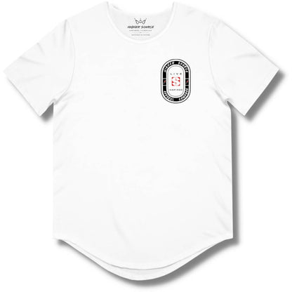 Front side of a white curved hem t shirt with an oval shaped higher source apparel company logo in black in the upper left breast area. The font is white with two red and black lighting bolts. “Live inspired” surrounds the red logo in the center.