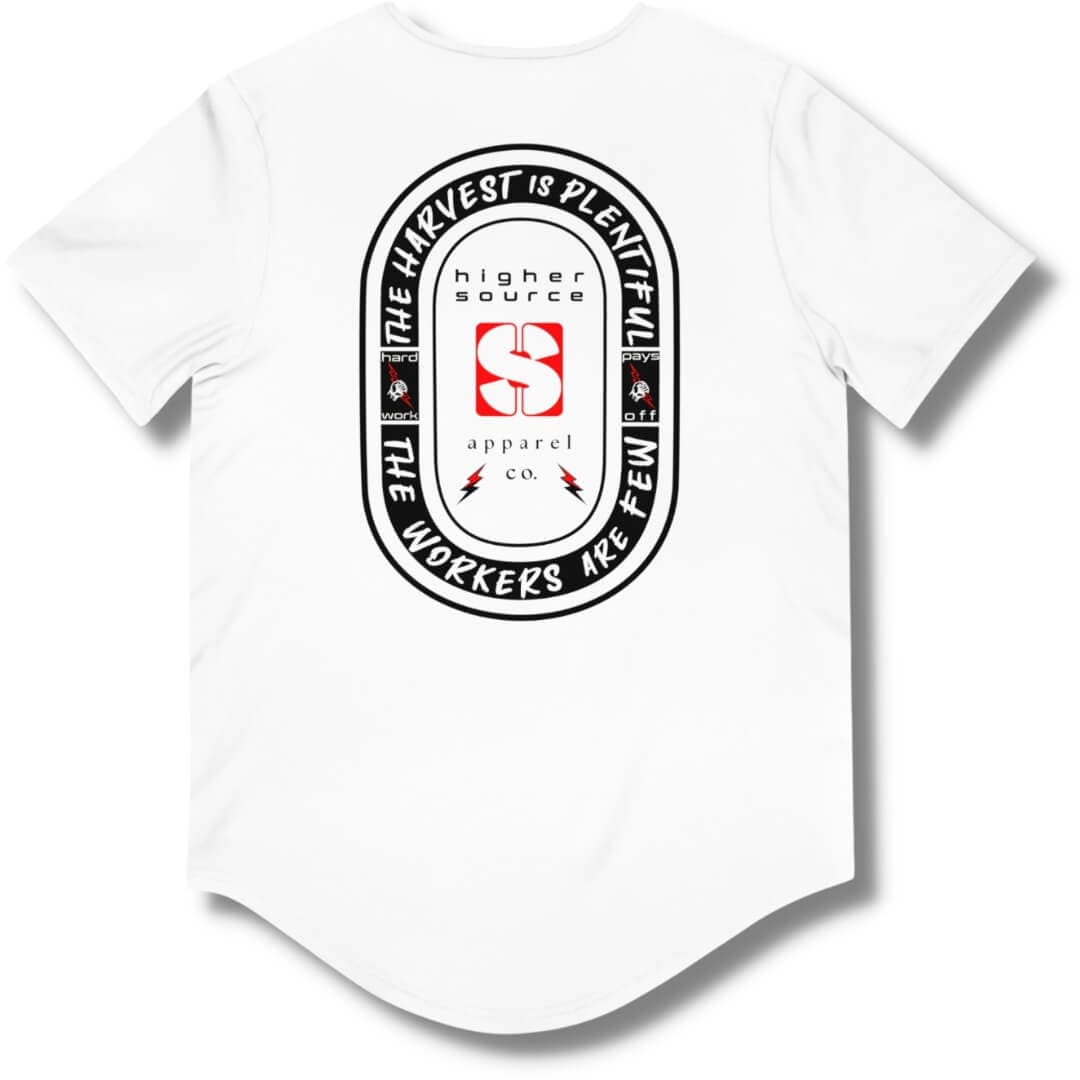 Back side of a white curved hem t shirt with an oval shaped logo in black. “The harvest is plentiful, the workers are few” is written in off-white font with a fist gripping a red lighting bolt on both sides of the logo. “Hard work pays off” is written in white font. “Higher source apparel company” is below the red logo in the center along with two small red and black lightning bolts.