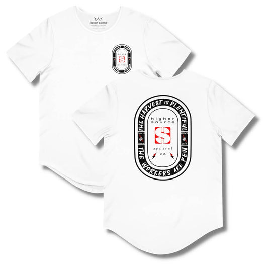 Front and back side of a white higher source apparel curved hem t shirt with an oval shaped logo in black. “The harvest is plentiful, the workers are few” is written in off-white font with a fist gripping a red lighting bolt on both sides of the logo. “Hard work pays off” is written in white font. “Higher source apparel company” is below the red logo in the center along with two small red and black lightning bolts.