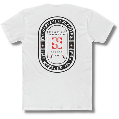 Back side of a white t shirt with an oval shaped logo in black. “The harvest is plentiful, the workers are few” is written in off-white font with a fist gripping a red lighting bolt on both sides of the logo. “Hard work pays off” is written in white font. “Higher source apparel company” is below the red logo in the center along with two small red and black lightning bolts.